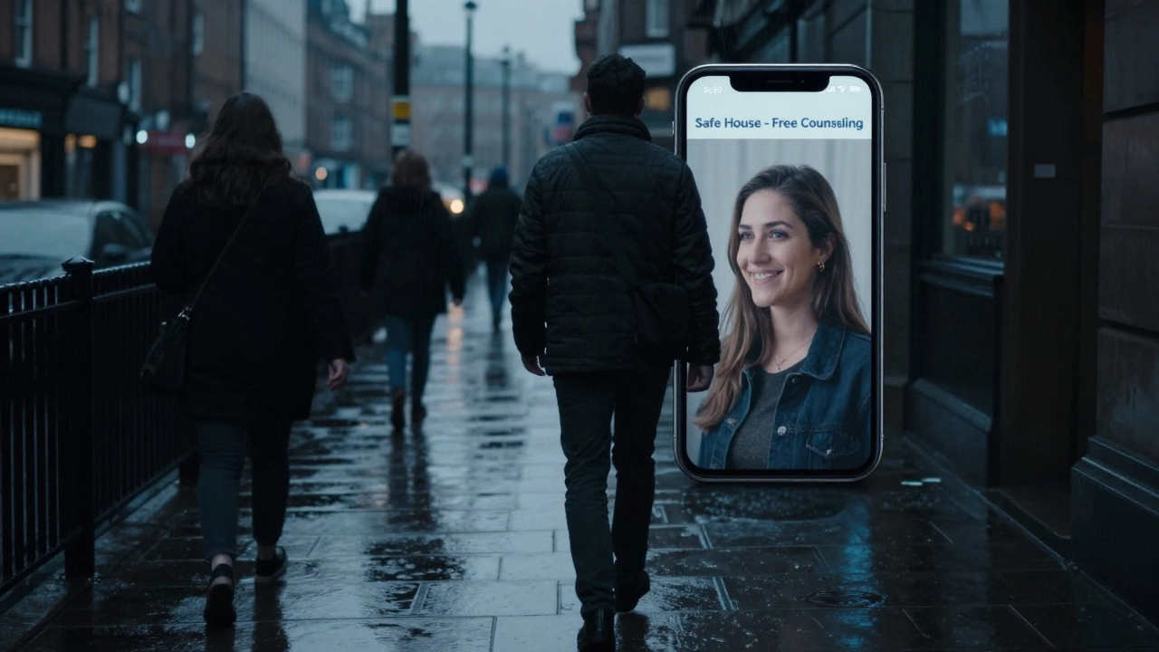 A figure walks away from a glowing phone on a rainy street, reflecting a profile image while a support service sign fades in the distance.