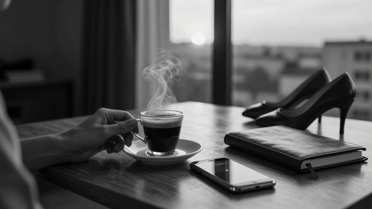 A woman&#039;s hand holds coffee in a quiet high-rise apartment at dawn, with a phone and designer heels on the table.