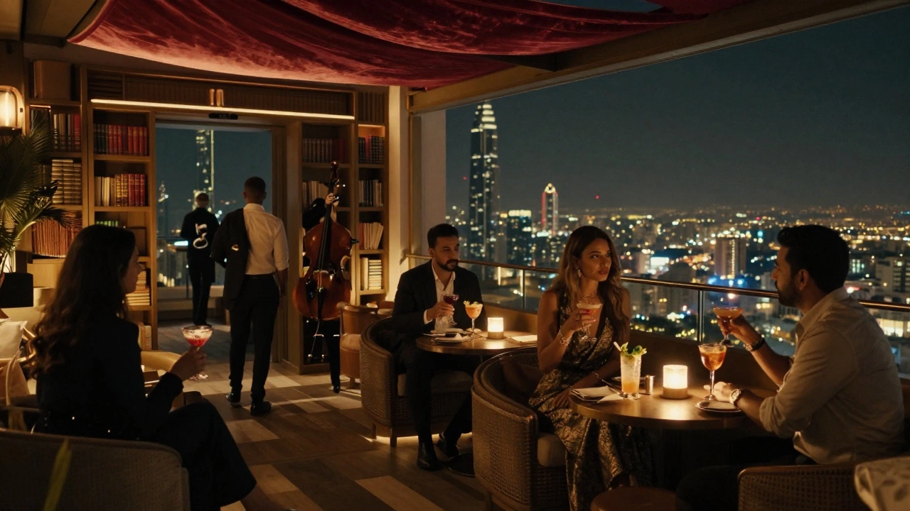 People in elegant attire enjoy cocktails on a hidden rooftop lounge with Dubai’s skyline glowing behind them.