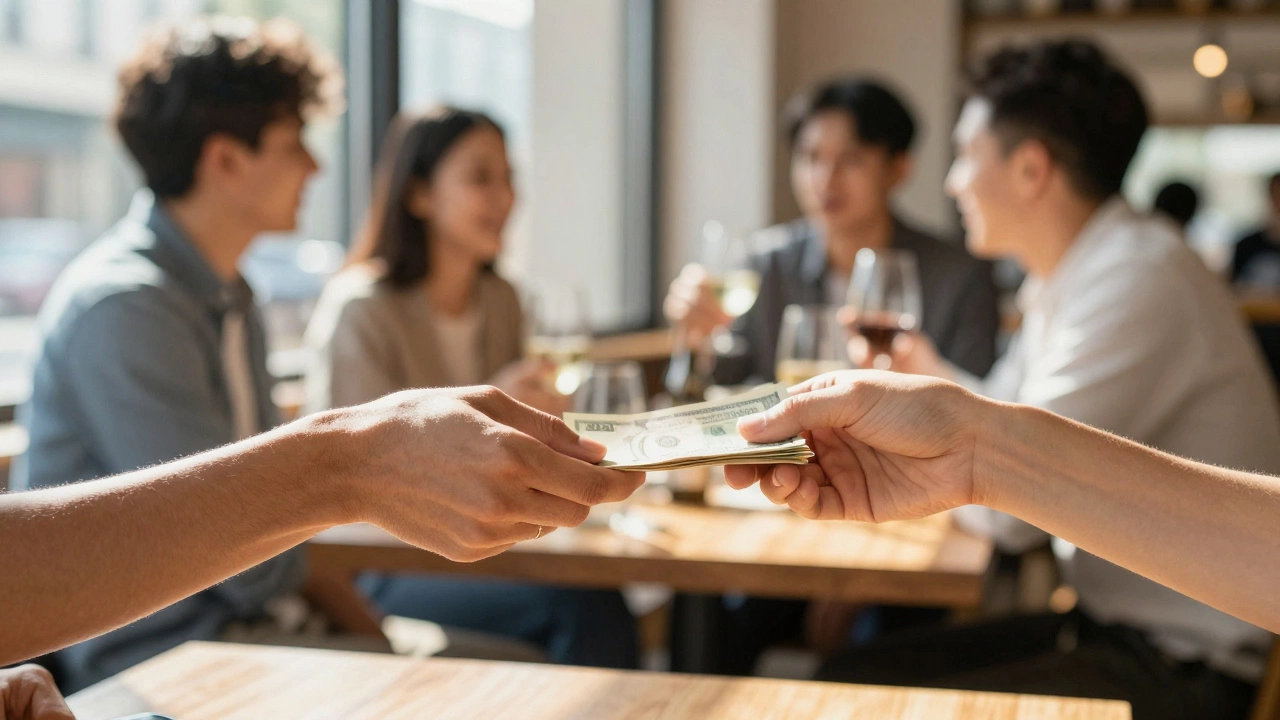 Two hands exchanging cash in a sunlit café, patrons blurred in background, symbolizing respectful meeting.